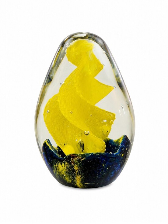 Vintage Other - Vintage Yellow Swirl and Blue Art Glass Egg Shape Paperweight Decor